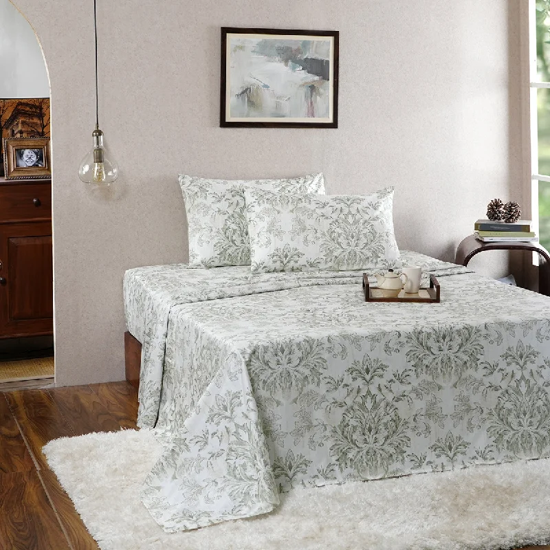 Sheet Sets with Multiple Pillowcase OptionsTranquil Essence Napery Classic 100% Cotton Printed Green Bed Sheet with Pillow Case