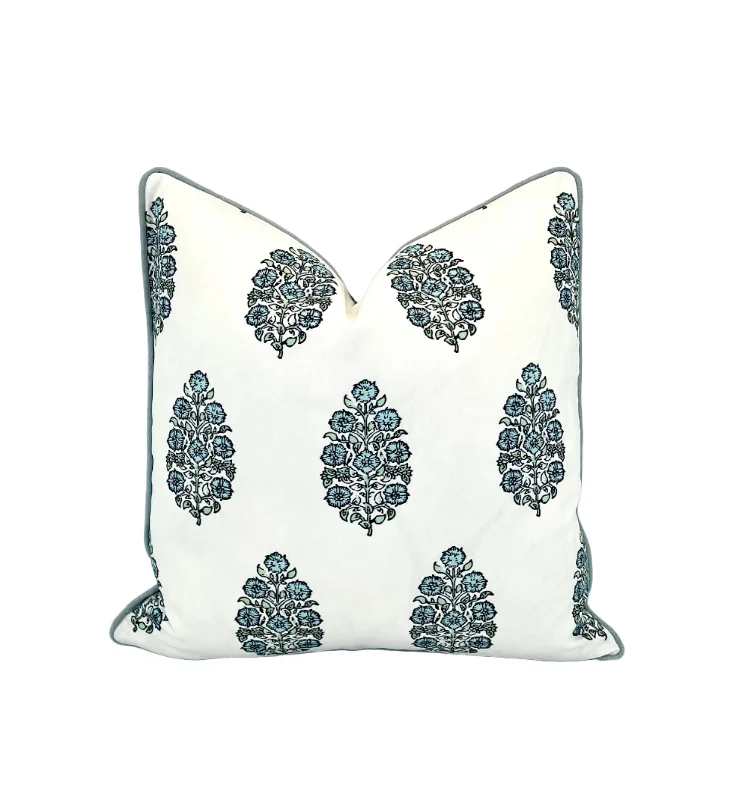 Square Pillows for Modern Home DecorDecorative Pillow Cover in Mughal Floral Print - Blue, Green and White or Ticking Soft and Quiet Blues