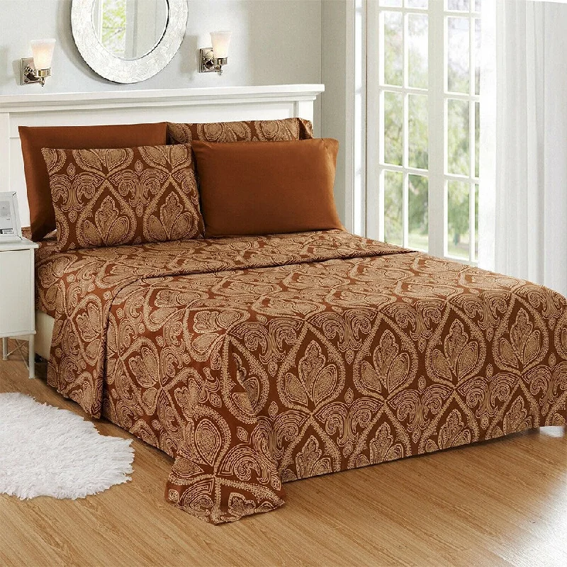 Wrinkle - Free Polyester Sheets for a Low - Maintenance BedLuxury 6 Piece Bed Sheet Set 1800 Count Paisley Twin XL Chocolate