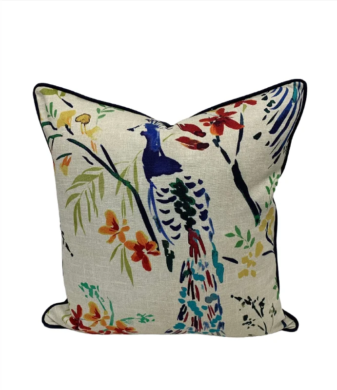 Square Pillows for Modern Home DecorPeacock Textured Tail-feathers Jewel Front & Solid Organic Navy Back Decorative Pillow