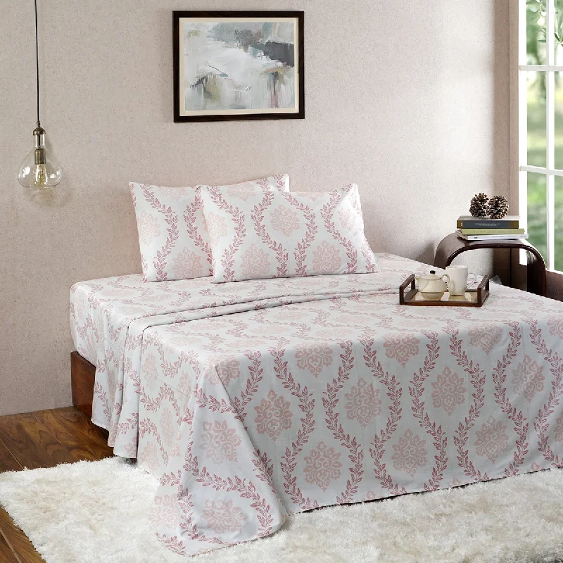 Rayon - Cotton Sheets for a Breathable and Soft BlendTranquil Essence Lawn Leaflet 100% Cotton Printed Peach Bed Sheet With Pillow Case