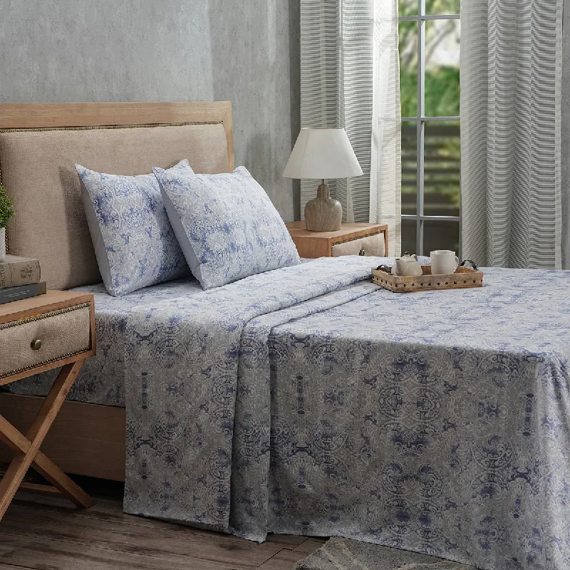 Sheet Sets with Multiple Pillowcase OptionsPBS Refined Retro Baroque 100% Cotton Soft Blue Bed Sheet Set