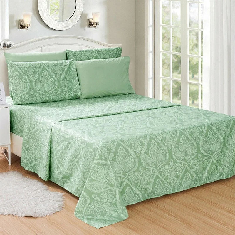 Hypoallergenic Silk Sheets for Sensitive SleepersLuxury 6 Piece Bed Sheet Set 1800 Count Paisley King Sage