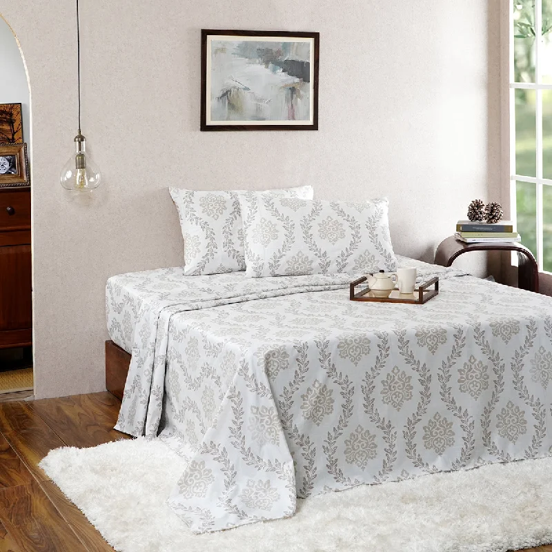 Queen - Size Sheet Sets with a European Pillowcase SetTranquil Essence Lawn Leaflet 100% Cotton Printed Beige Bed Sheet With Pillow Case