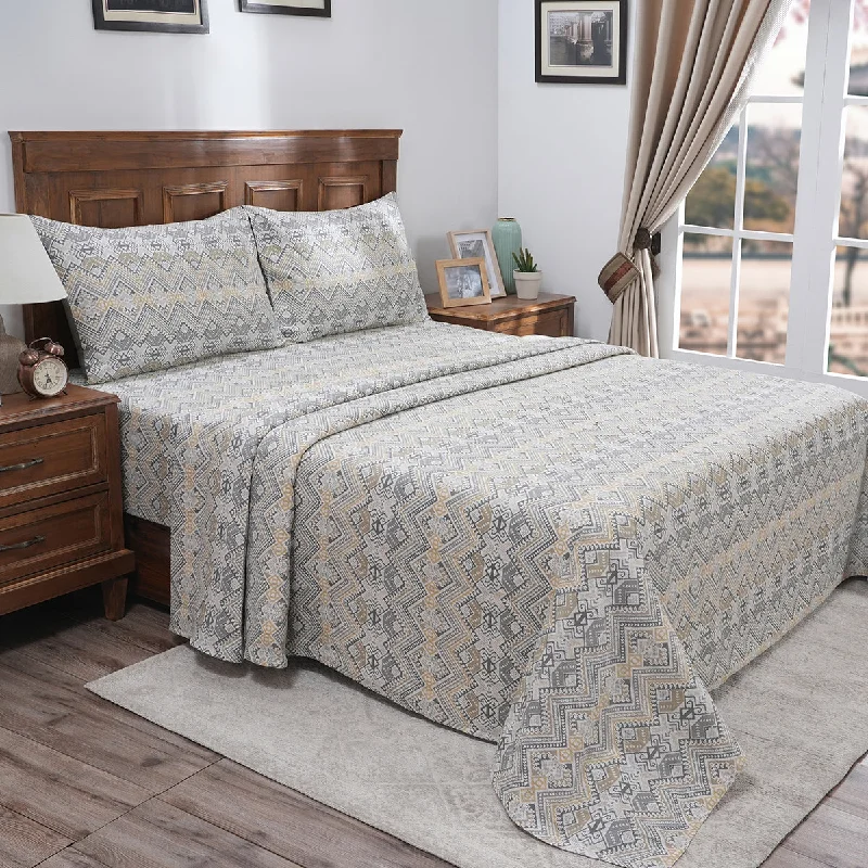 Queen - Size Sheet Sets with a European Pillowcase SetIndigenous Artisan Aztec Stripe 100%Cotton Printed Neutral Bed Sheet With Pillow Case