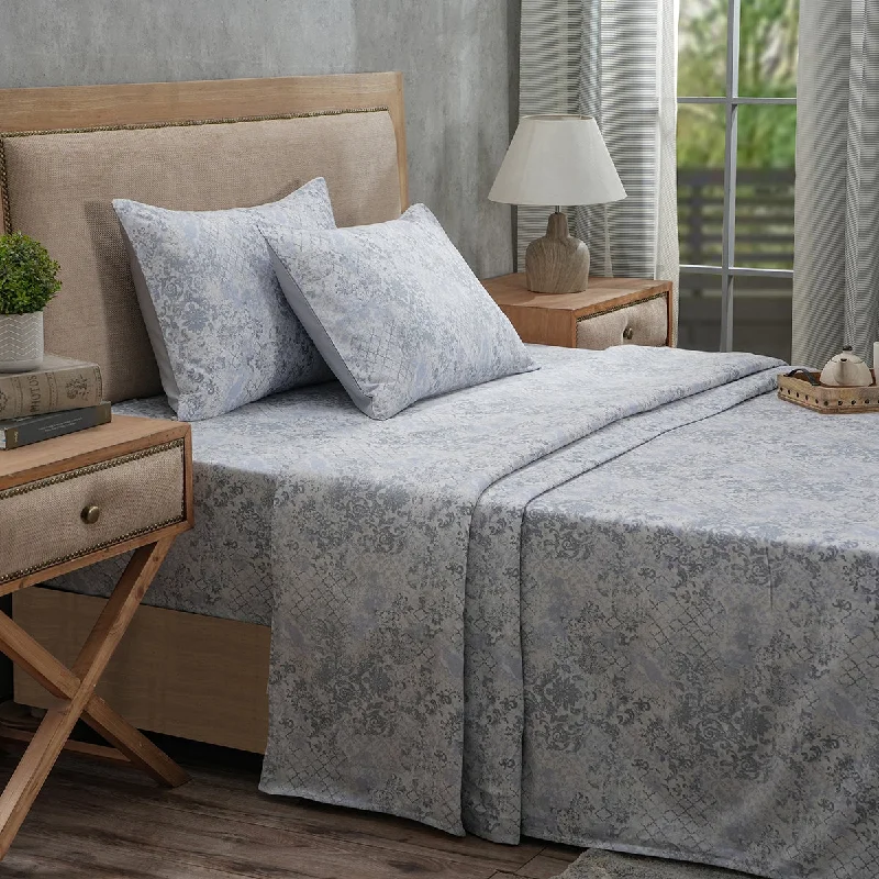 Wrinkle - Free Polyester Sheets for a Low - Maintenance BedPBS Refined Retro Nouvel Damask 100% Cotton Soft Blue Bed Sheet Set