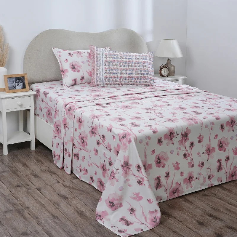Sheet Sets with Multiple Pillowcase OptionsHermosa Eclectic Garden Painterly Floral 100%Cotton Printed Bed Sheet With Pillow Case