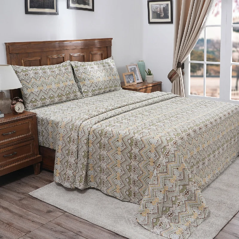 Hypoallergenic Silk Sheets for Sensitive SleepersIndigenous Artisan Aztec Stripe 100%Cotton Printed Green Bed Sheet With Pillow Case