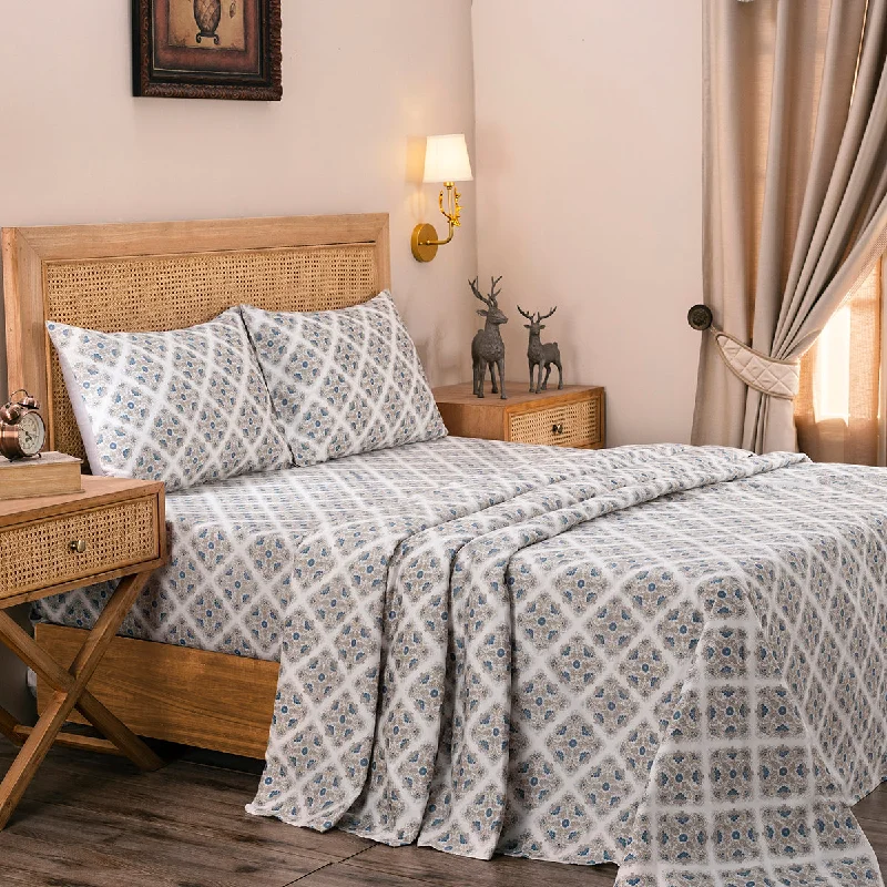Thermal - Regulating Bamboo Sheets for All - Season ComfortExotic Heritage Finest Retro 100%Cotton Blue Printed Bed Sheet Set