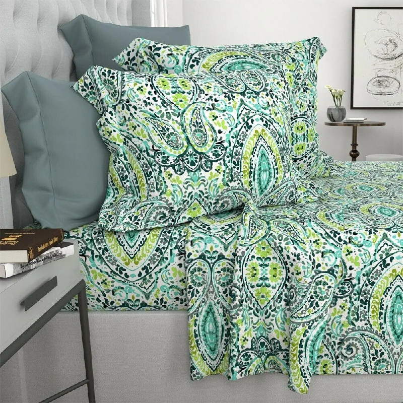 Queen - Size Sheet Sets with a European Pillowcase Set1200 Thread Count 6 Piece 100% Cotton Sheet Full Grey Aqua Floral