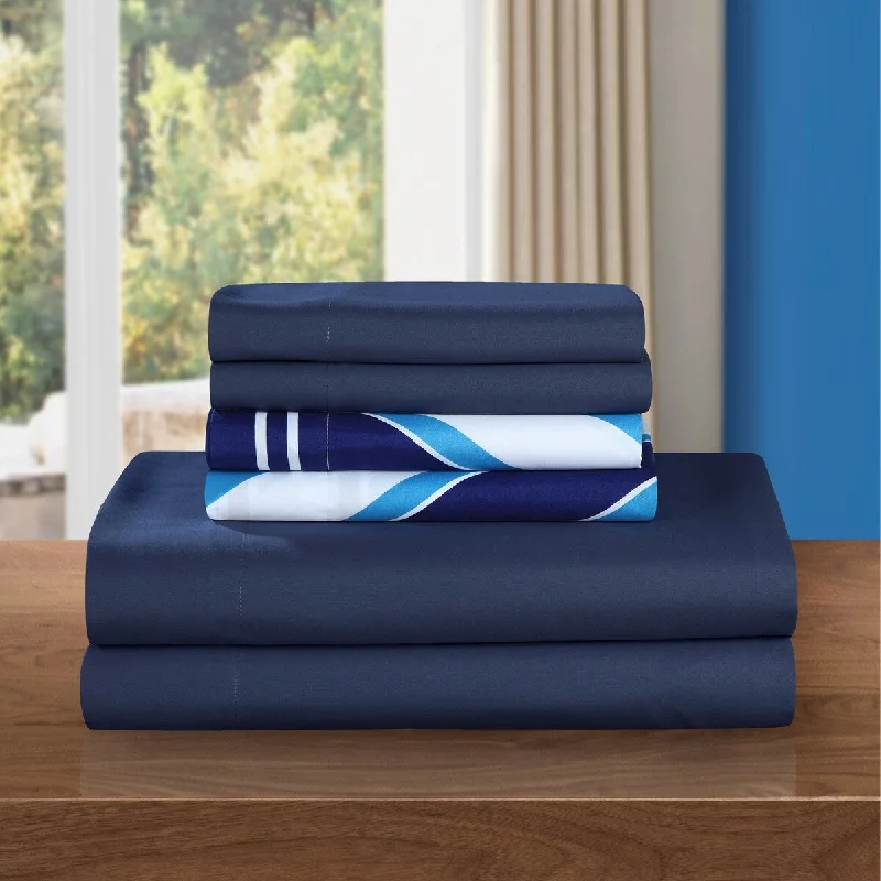 Hypoallergenic Silk Sheets for Sensitive SleepersChic Home Solid Navy with Asher Navy Print 6 Piece Sheet Set