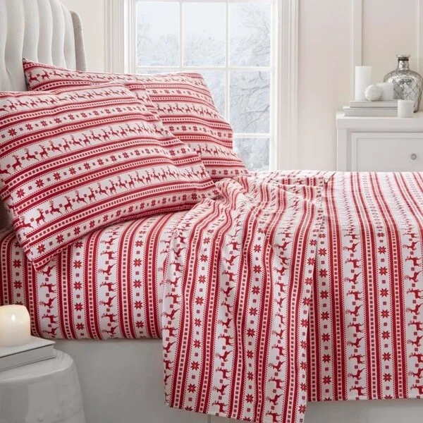Polyester - Cotton Blend Sheets for Durability and ComfortSoft Essentials Premium Reindeer Print 4 Piece Flannel Bed Sheet Set