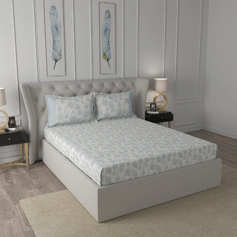 King - Size Sheet Sets with a Decorative Pillow SetTranquil Serenity Cordelia 100%Cotton Printed Bed Sheet With Pillow Case Blue