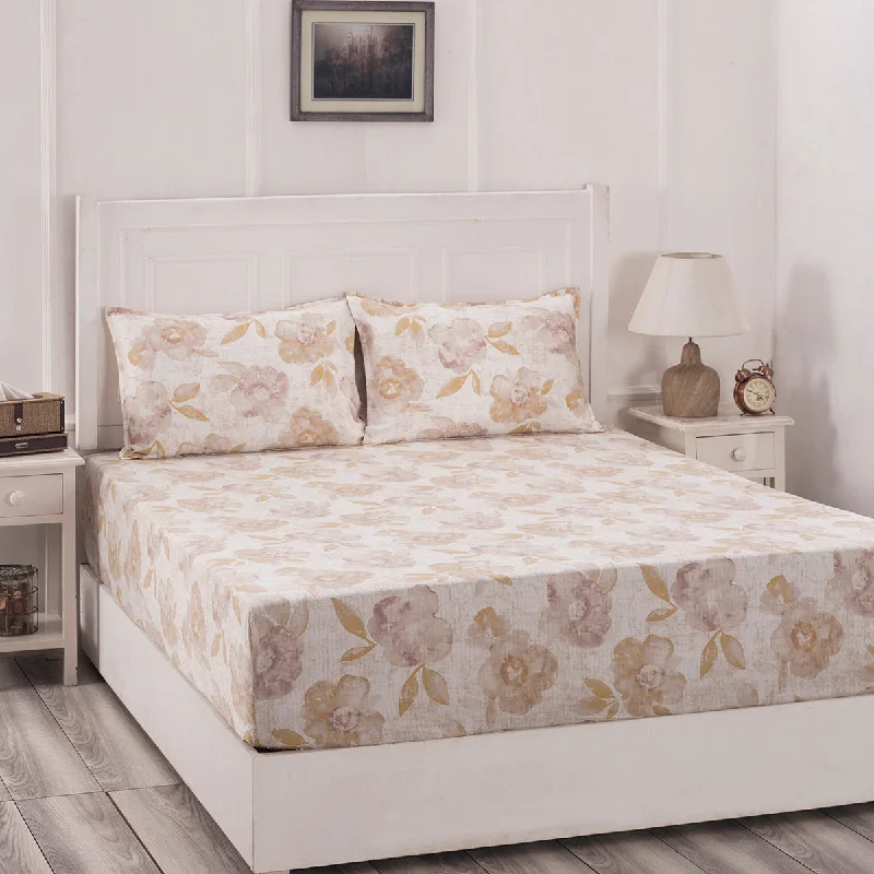 Linen - Cotton Blend Sheets for a Natural and Versatile OptionBlossom Couture Petals Prints Neutral Fitted Sheet With Pillow Covers