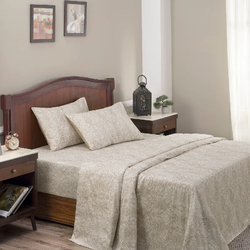 Queen - Size Sheet Sets with a European Pillowcase SetRegal Bliss Lucille Printed 100% Cotton Neutral Ultra Soft Bed Sheet