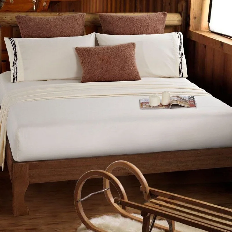 Anti - Pill Microfiber Sheets for a Smooth AppearanceEmbroidered Barbed Wire Western Plains Soft King Bed Sheets Cream