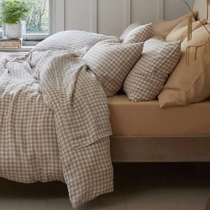 Hemp comforters known for their natural durability​ Mushroom Gingham Linen Blend Flat Sheet