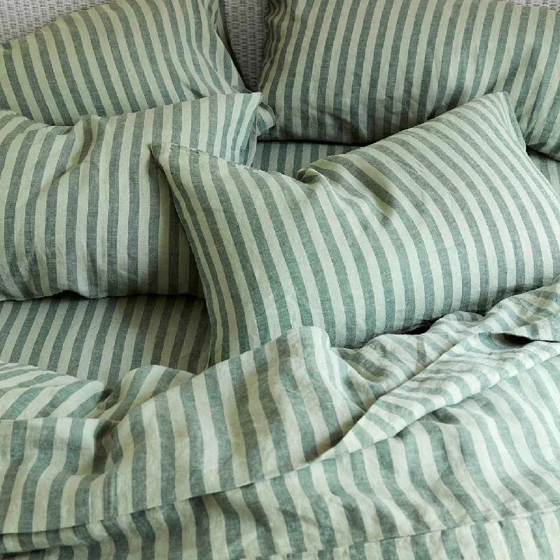 Sheets with a chevron - pattern design for a trendy and dynamic appearance​ Pine Green Pembroke Stripe Linen Blend Fitted Sheet