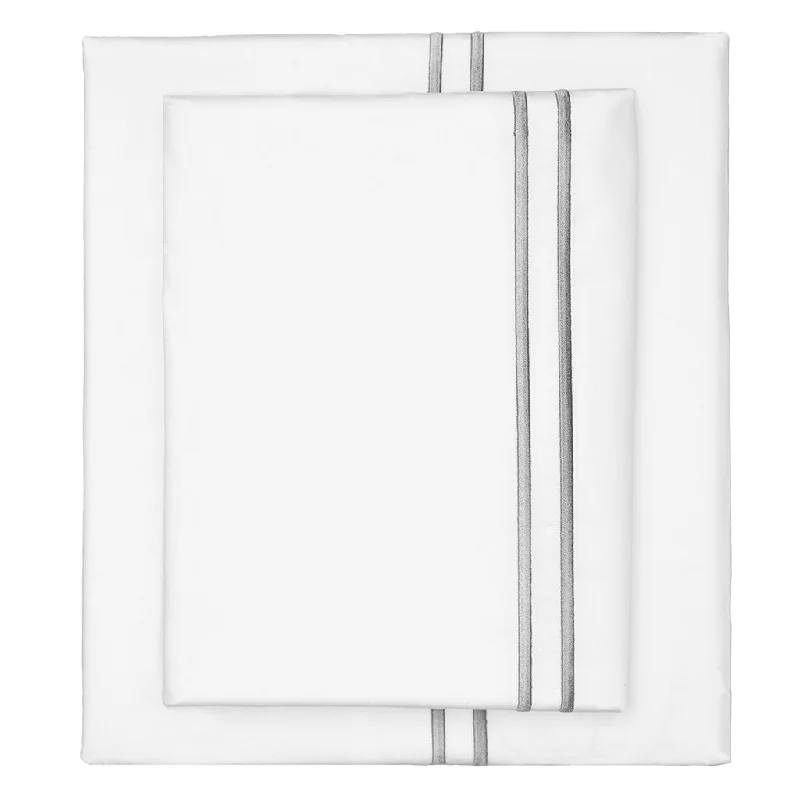Elastic - edged sheets for easy installation and a secure hold​ Grey Lines Embroidered Sheet Set (Fitted, Flat, & Pillow Cases)
