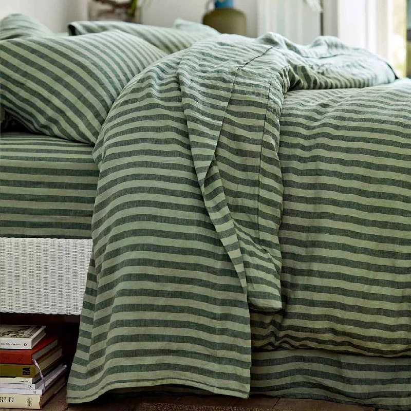 Mountain cabin comforters featuring nature - themed patterns​ Pine Green Pembroke Stripe Linen Blend Flat Sheet