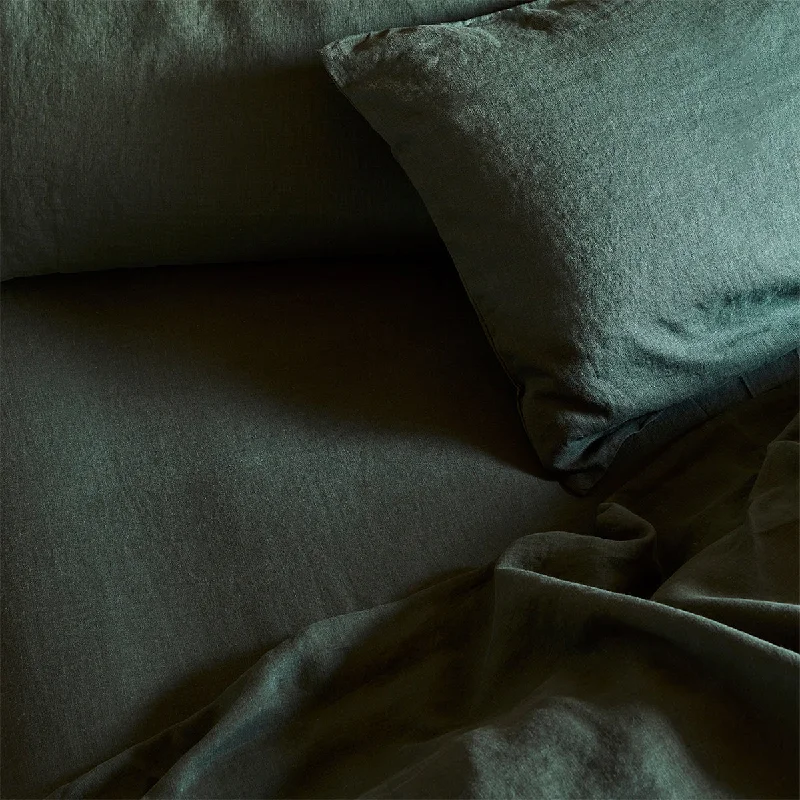 Sheets with a toile - de - jouy design for a French - inspired and romantic charm​ Fern Green Linen Blend Fitted Sheet