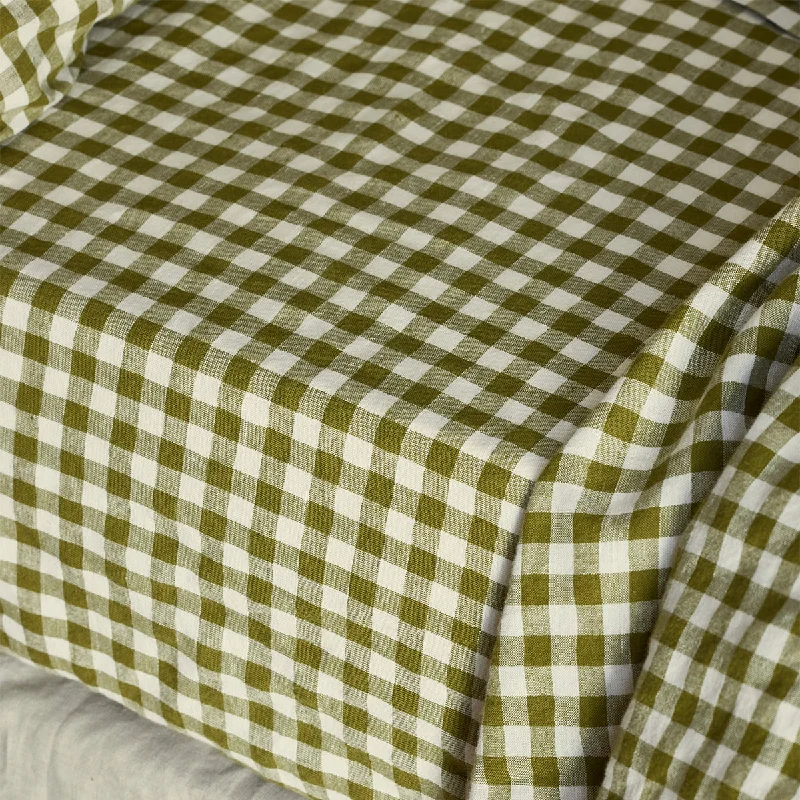 Sheets with a textured surface to add visual interest​ Botanical Green Gingham Linen Blend Fitted Sheet
