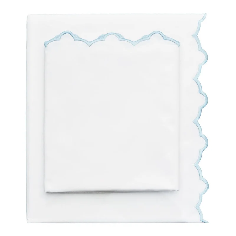 Sheets with a farmhouse - style design for a rustic and warm appeal​ Light Blue Scalloped Embroidered Sheet Set (Fitted, Flat, & Pillow Cases)