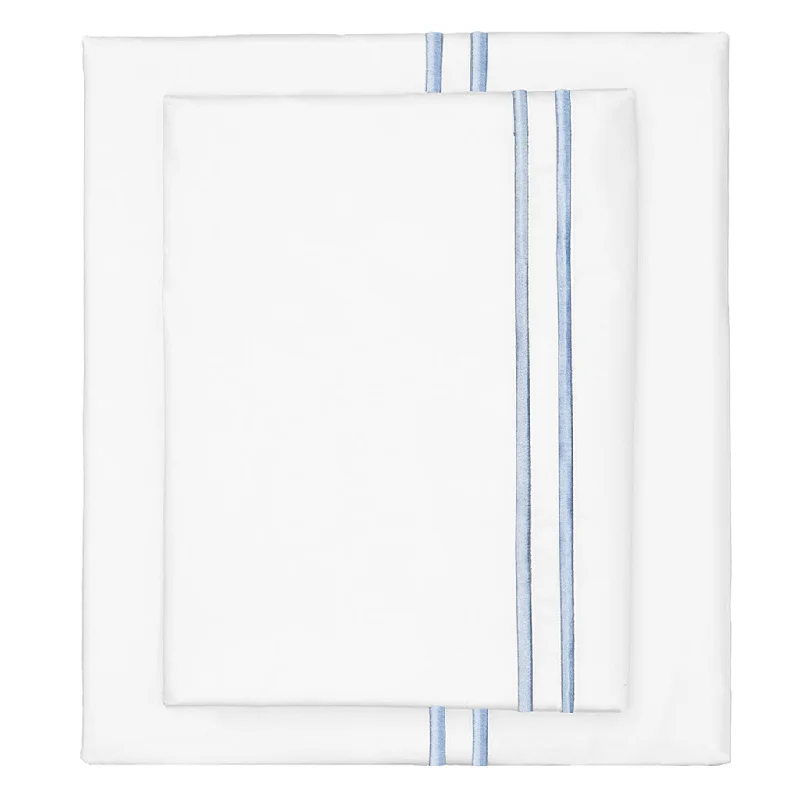 Microfiber sheets for easy maintenance and durability​ French Blue Lines Embroidered Sheet Set (Fitted, Flat, & Pillow Cases)