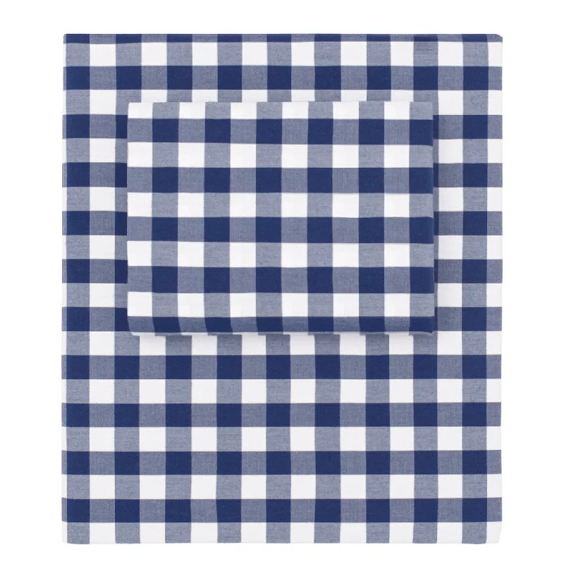 King - size sheets for large beds and spacious bedrooms​ Navy Blue Small Gingham Sheet Set (Fitted, Flat & Pillowcases)