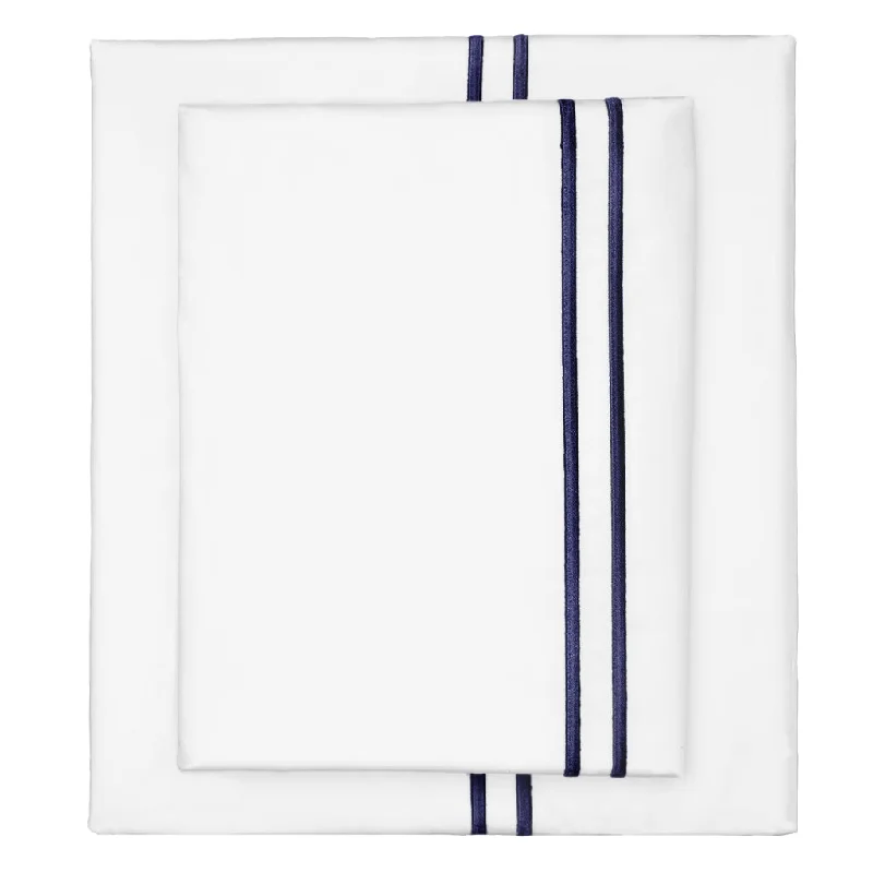 Stain - resistant sheets for long - lasting use and cleanliness​ Navy Lines Embroidered Sheet Set (Fitted, Flat, & Pillow Cases)