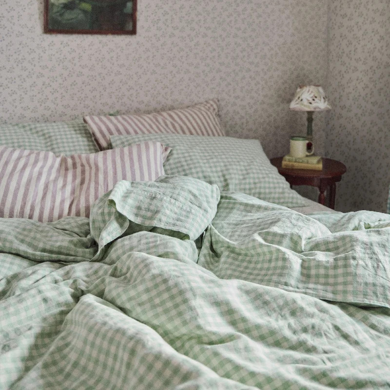  Sage Green Gingham Linen Blend Flat Sheet