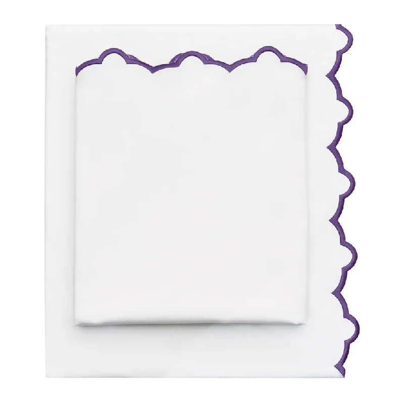 Sheets with a herringbone - pattern design for a classic and textured look​ Purple Scalloped Embroidered Sheet Set (Fitted, Flat, & Pillow Cases)