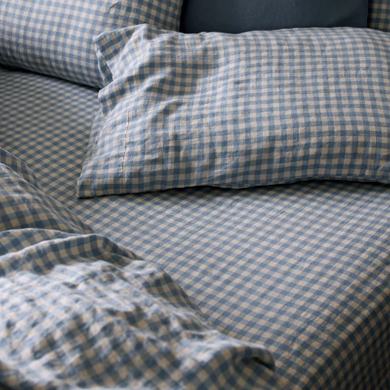 Mountain cabin sheets featuring nature - themed patterns​ Warm Blue Gingham Linen Blend Fitted Sheet