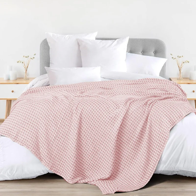 King - size blankets to cover large beds comfortably100% Cotton Waffle Weave Blanket / Cotton Dohar for Bedroom - Blush Pink