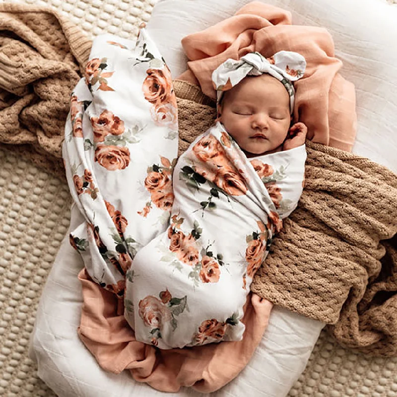 Rayon from bamboo blankets for a silky and breathable feelSnuggle Hunny Baby Jersey Wrap & Topknot Set - Rosebud