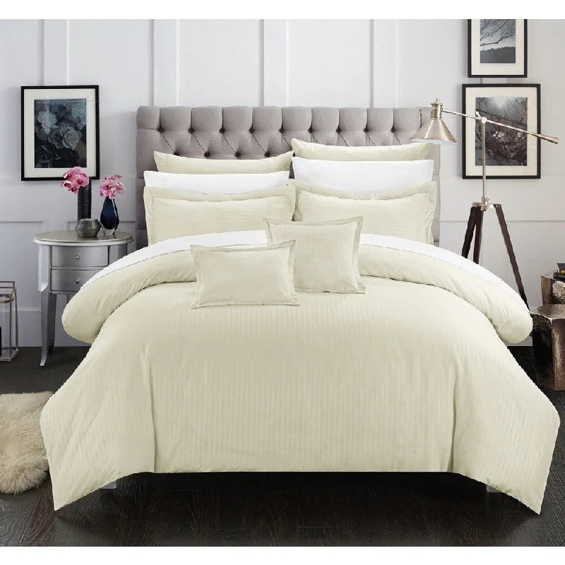 Down - filled comforters for supreme warmth and lightnessChic Home 7-Piece Keynes Down Alt Jacquard Beige Striped Comforter Set Down - filled comforters for supreme warmth and lightnessChic Home 7-Piece Keynes Down Alt Jacquard Beige Striped Comforter Set