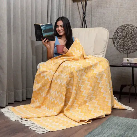 Synthetic fiber blend blankets for a budget - friendly choiceCotton Chevron Throw | Lightweight Blanket For Living Room Sofa & Chair | Soft & Light Throw For Bed | Use For Picnic & Gifting - Yellow and White