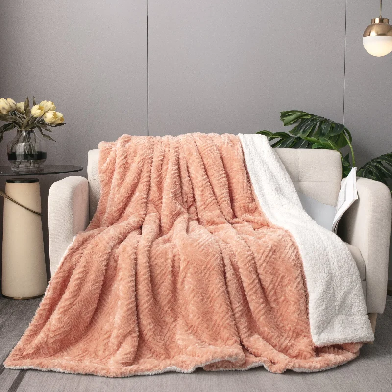 King - size blankets to cover large beds comfortablyDaDa Bedding Coral Peach Rose Faux Fur Throw Blanket - Dreamy Geometric Embossed Sherpa Backside - Super Soft Warm Cozy Plush Fluffy