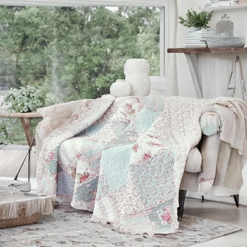 Silk blankets with a smooth and elegant touchDaDa Bedding Cotton Cottage Floral Patchwork Quilted Throw Blanket - Reversible Hint of Mint - Ruffle Pastel Light Pink Blue/Green - 50 x 60
