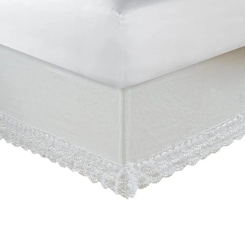 Drava Fabric Twin Size Bed Skirt with Crochet Lace and Split Corners, White