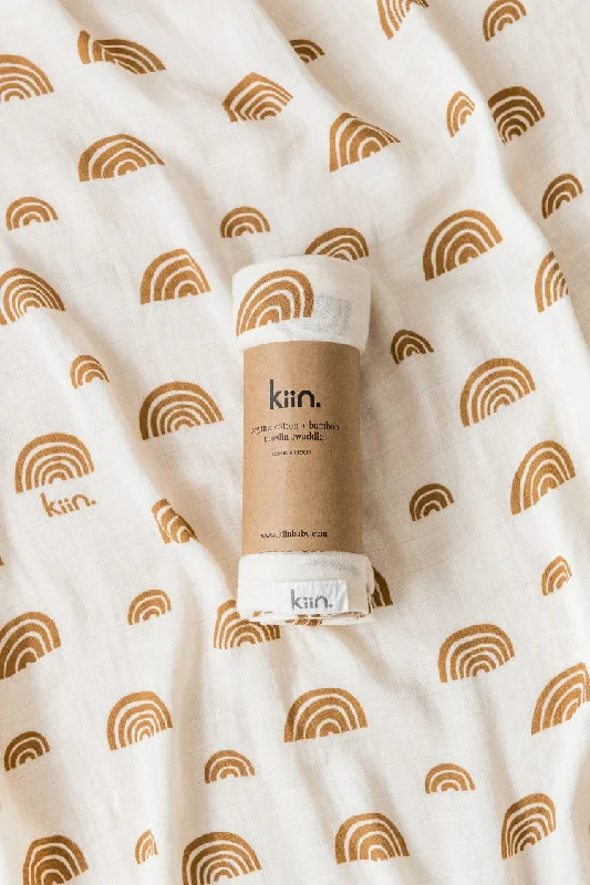 Mohair blankets with a unique sheen and softnessKiin Organic Bamboo Cotton Muslin Swaddle - Rainbow Ivory & Umber