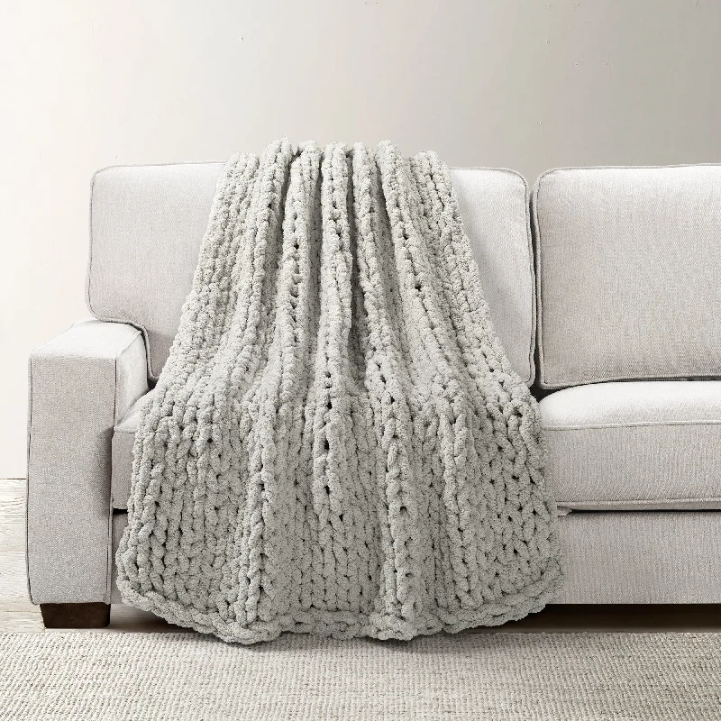 Recycled polyester blankets for an eco - conscious optionLush Décor Hygge Ultra Soft Cozy Chenille Chunky Knit Blanket/Throw Light Gray Single 40X50