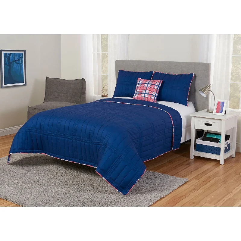 Microfiber - filled comforters that are lightweight and easy to care forPlaid Piping King Quilt Set in Blue Microfiber - filled comforters that are lightweight and easy to care forPlaid Piping King Quilt Set in Blue