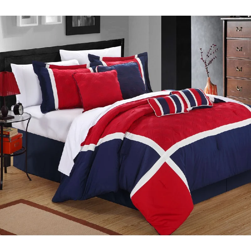 Silk - filled comforters for a luxurious and smooth touchQuincy Blue/Red 8-piece Comforter Set Silk - filled comforters for a luxurious and smooth touchQuincy Blue/Red 8-piece Comforter Set