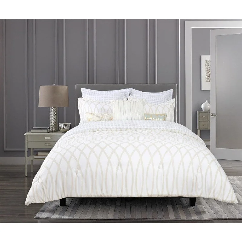 Down - filled comforters for supreme warmth and lightnessSuite Retreat Brand MADISON Geo Gold Cream 8 Piece Comforter Set - 1 Comforter, 2 Shams, 2 Euro Shams, 3 Accent Pillows Down - filled comforters for supreme warmth and lightnessSuite Retreat Brand MADISON Geo Gold Cream 8 Piece Comforter Set - 1 Comforter, 2 Shams, 2 Euro Shams, 3 Accent Pillows