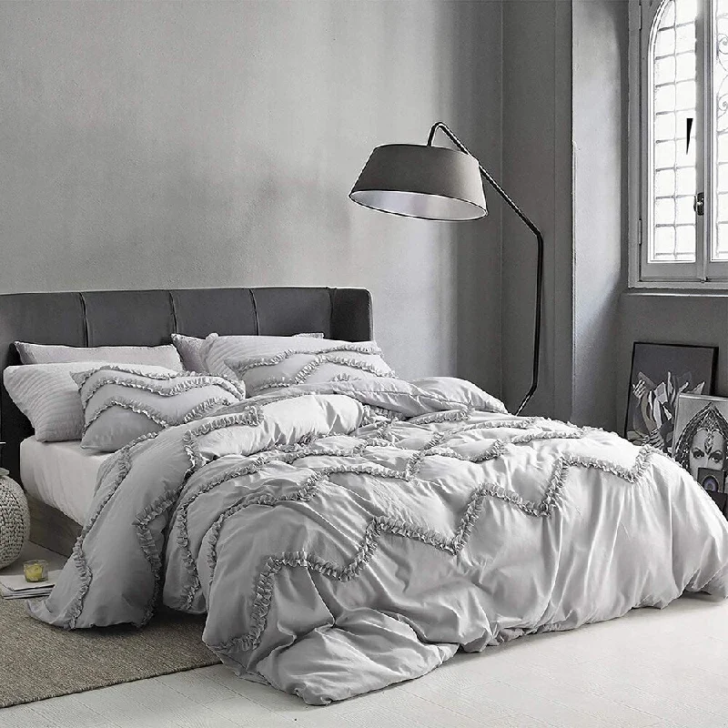 Cotton - filled comforters for a breathable and natural sleep experienceTextured Ruffles Bedding - Oversized Comforter - Chevron Glacier Gray Cotton - filled comforters for a breathable and natural sleep experienceTextured Ruffles Bedding - Oversized Comforter - Chevron Glacier Gray
