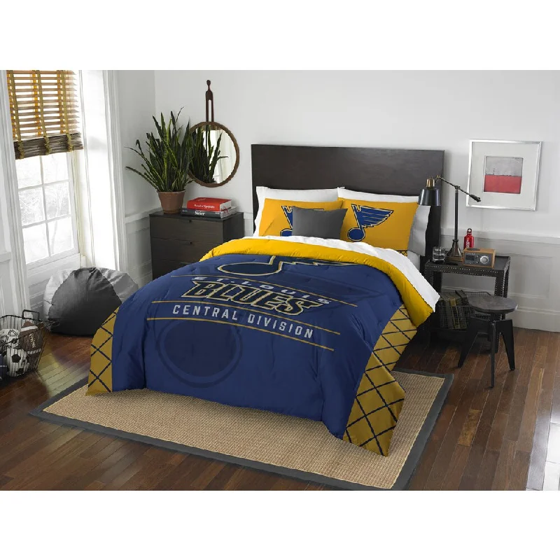 Full - size comforters suitable for full - sized beds in guest rooms or small bedroomsThe Northwest Company NHL 849 Blues Draft Blue/Yellow Polyester Full/Queen 3-piece Comforter and Shap Set Full - size comforters suitable for full - sized beds in guest rooms or small bedroomsThe Northwest Company NHL 849 Blues Draft Blue/Yellow Polyester Full/Queen 3-piece Comforter and Shap Set