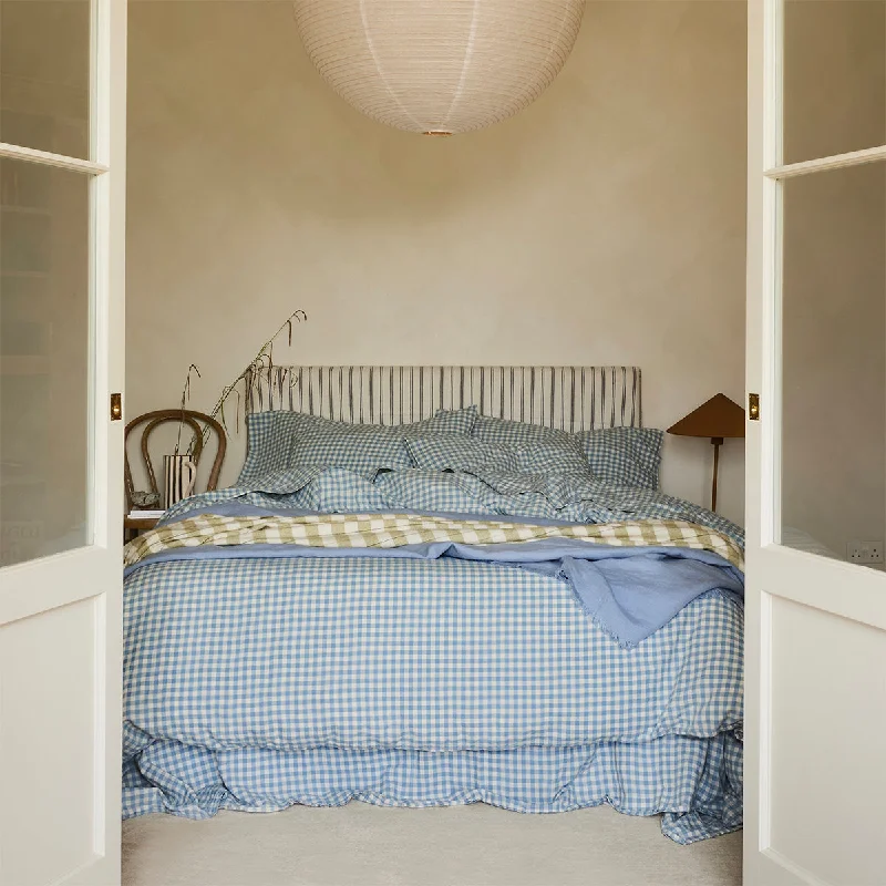 Embroidered duvet covers with intricate needlework for a luxurious touchWarm Blue Gingham Linen Blend Duvet Cover