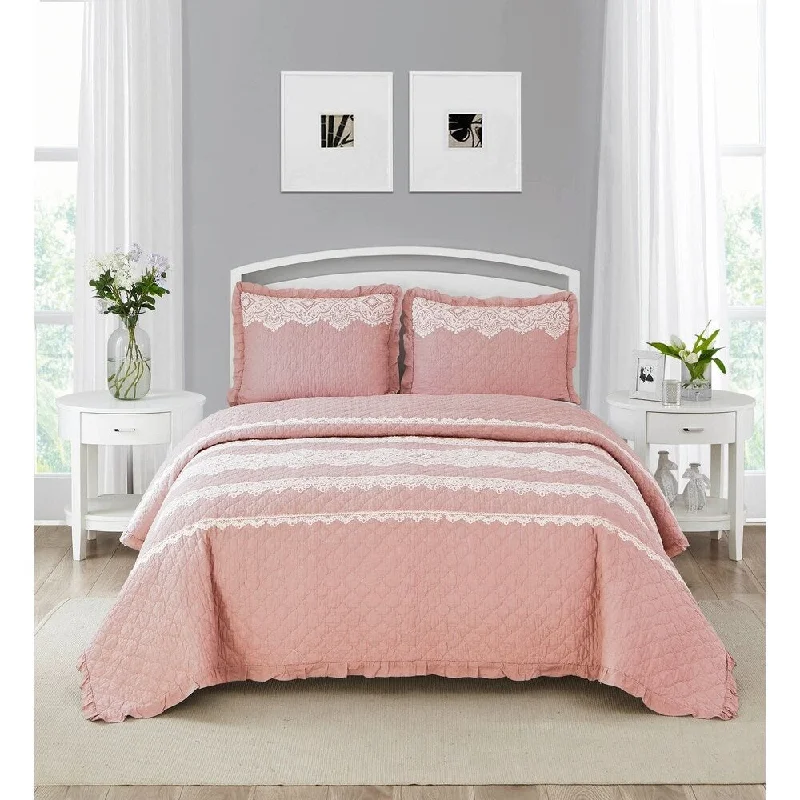 Down - filled comforters for supreme warmth and lightnessWonder Home Duran 3PC Cotton Lace Embroidered Quilt Set, Queen, Pink Down - filled comforters for supreme warmth and lightnessWonder Home Duran 3PC Cotton Lace Embroidered Quilt Set, Queen, Pink